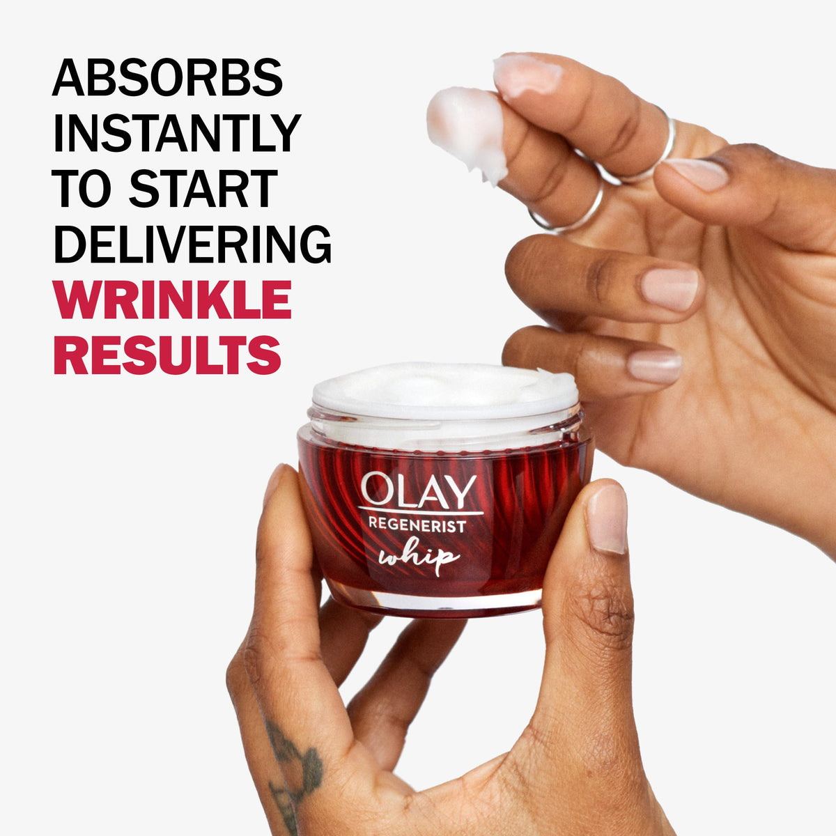 Close-up whipped texture of Olay Regenerist Whip highlighting light absorbency
