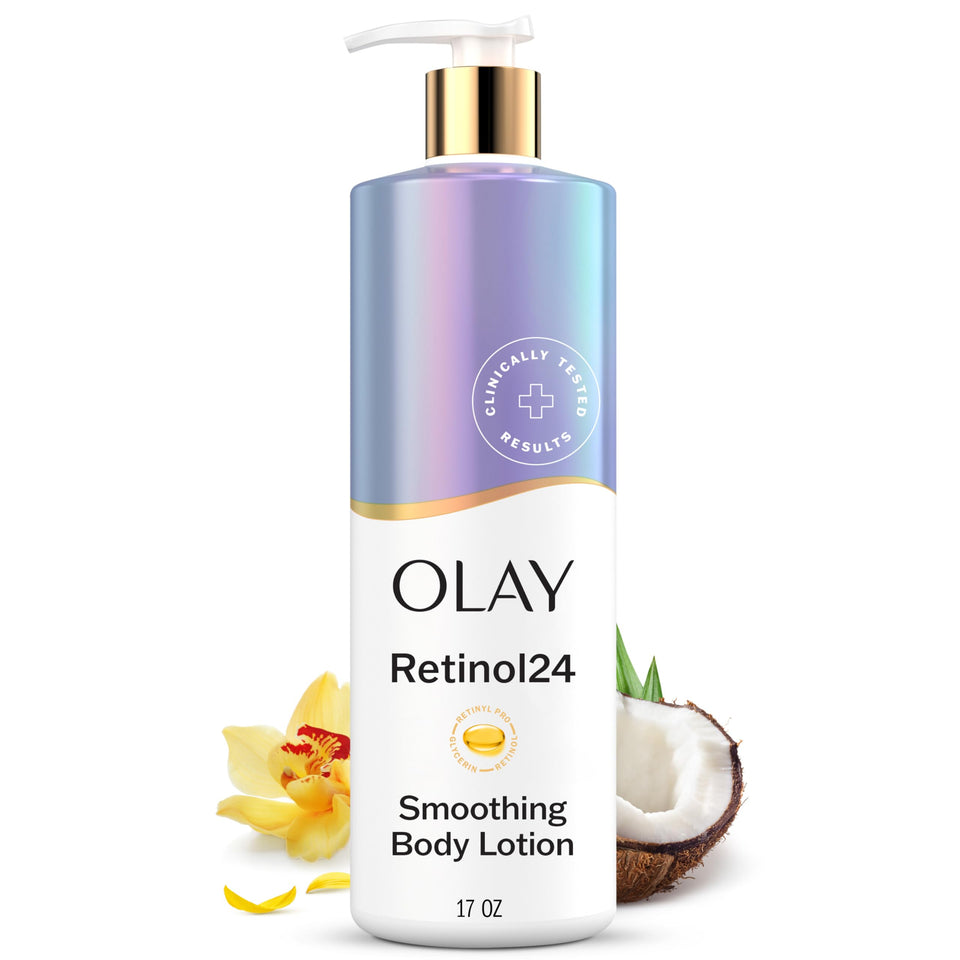 Olay front packaging showing smoothing body lotion and benefits