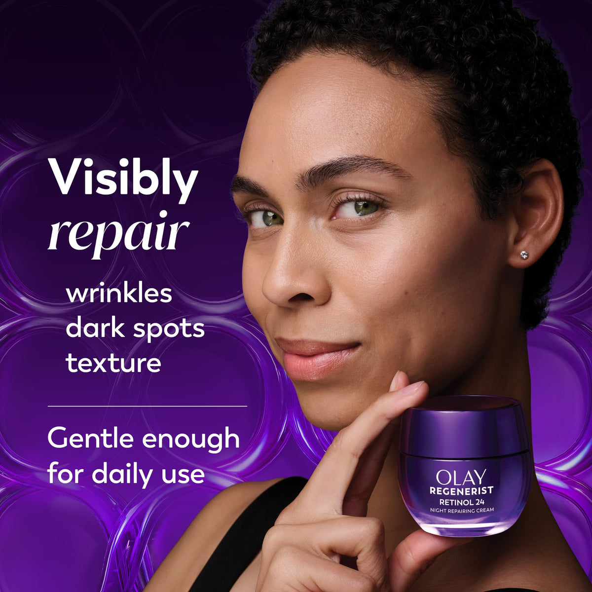 Olay retinol jar open revealing cream ready to apply for nighttime hydration
