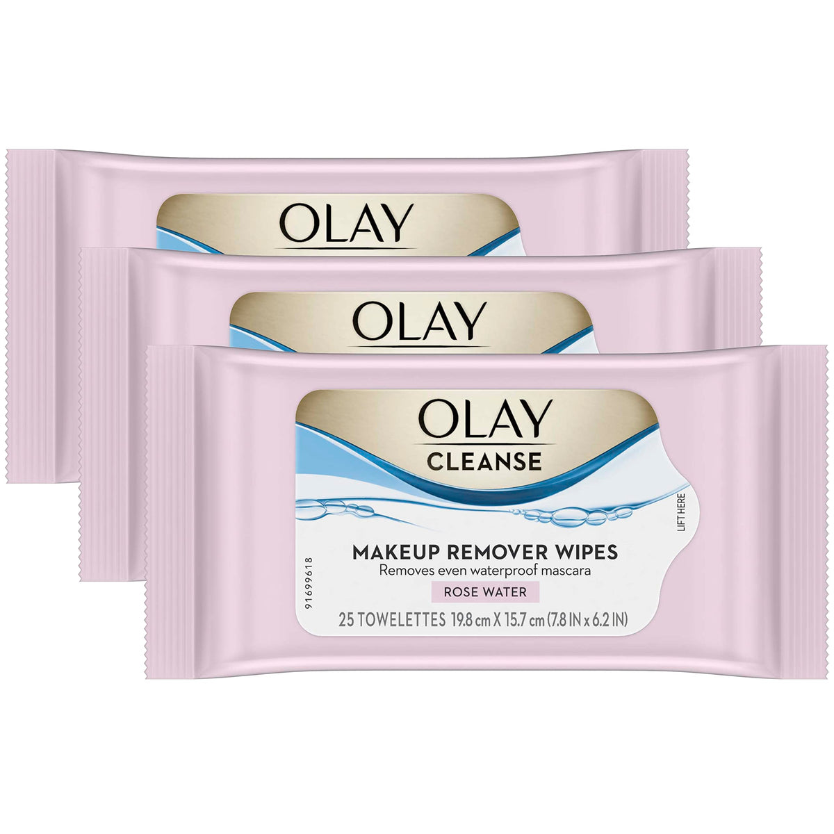 Olay front packaging showing three 25-count rose water wipe packs for convenience