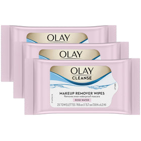 Olay front packaging showing three 25-count rose water wipe packs for convenience