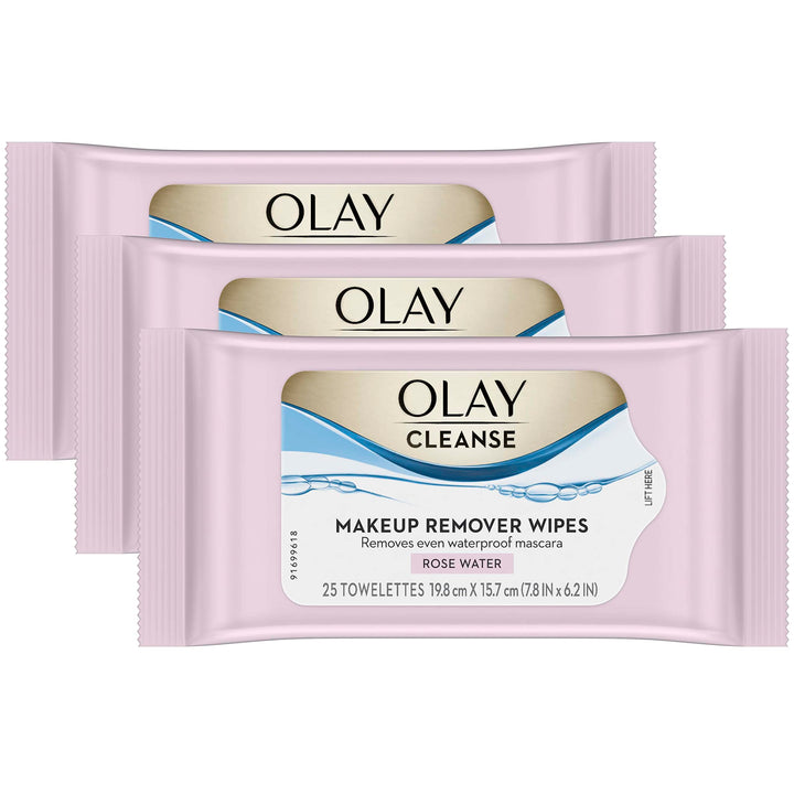 Olay front packaging showing three 25-count rose water wipe packs for convenience