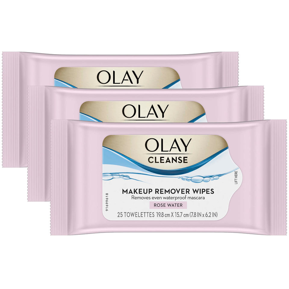 Olay front packaging showing three 25-count rose water wipe packs for convenience