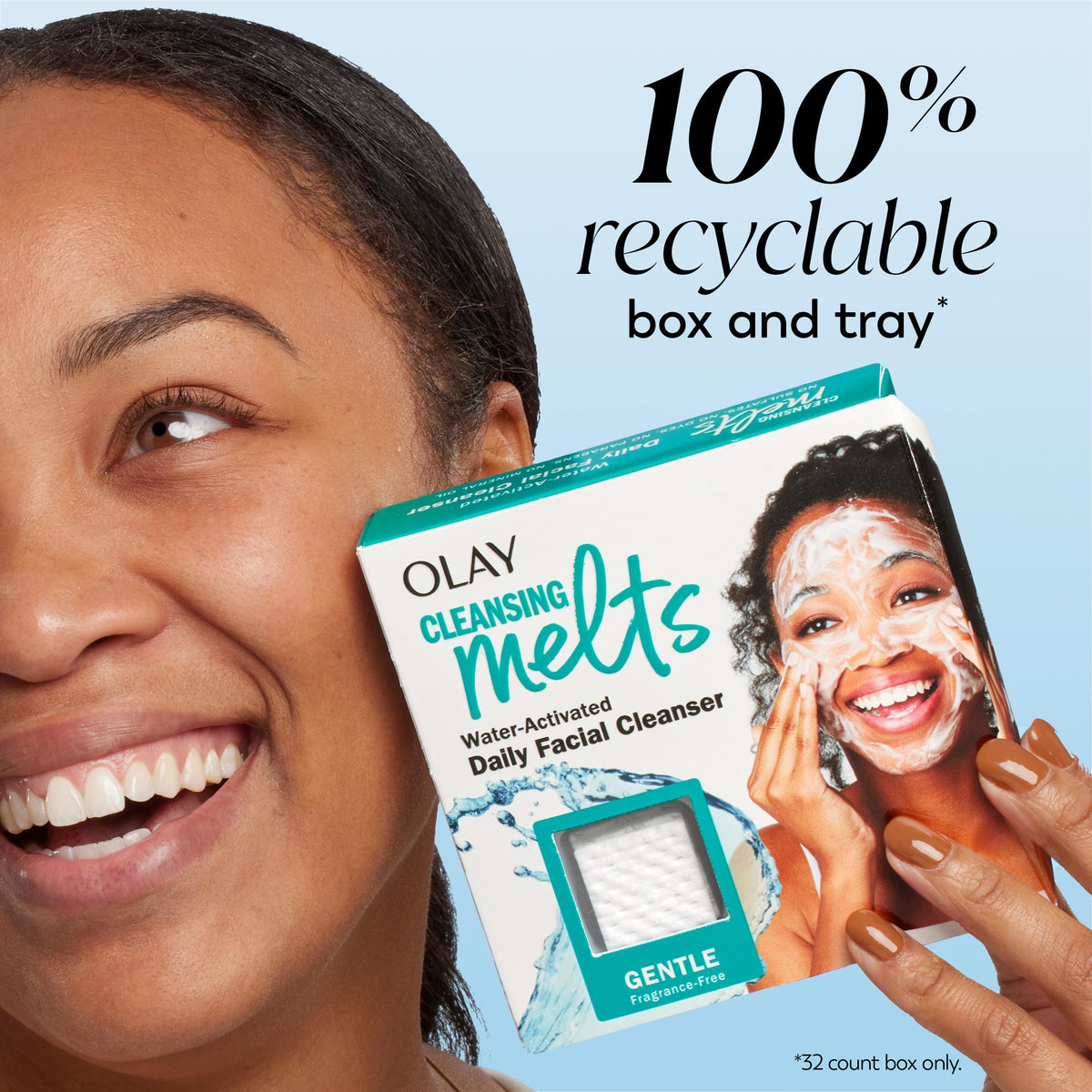 Olay melt beside hand to show compact size and single-use portioning