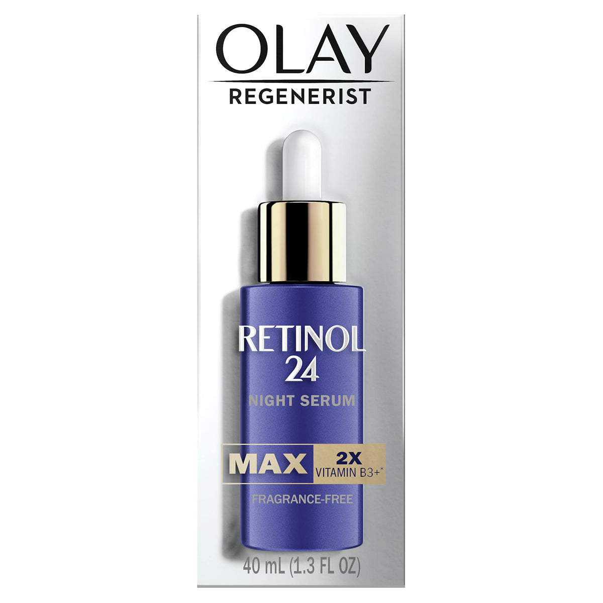 Olay serum front bottle showing packaging and quick absorption benefit