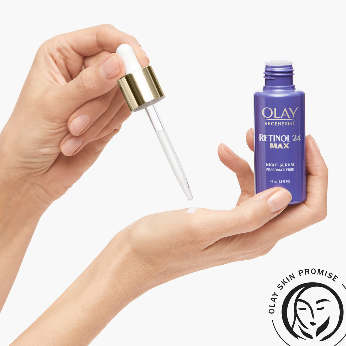 Olay serum texture on skin illustrating lightweight, non-greasy finish