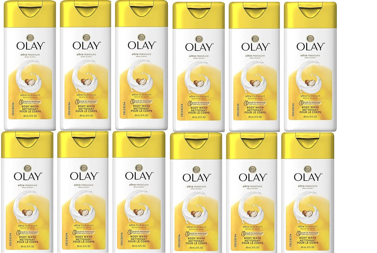 Olay travel body wash front packaging showing compact 3 oz bottle and label benefit