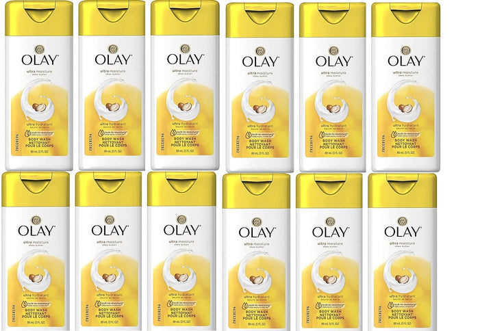 Olay travel body wash front packaging showing compact 3 oz bottle and label benefit