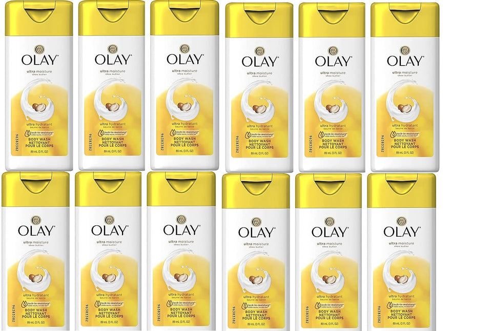 Olay travel body wash front packaging showing compact 3 oz bottle and label benefit