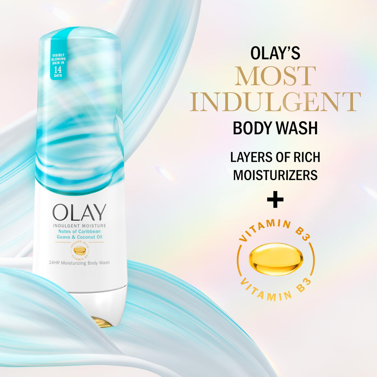 Olay bottle on shower shelf styled for lifestyle scene benefit: spa-like routine