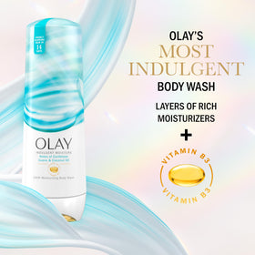 Olay bottle on shower shelf styled for lifestyle scene benefit: spa-like routine