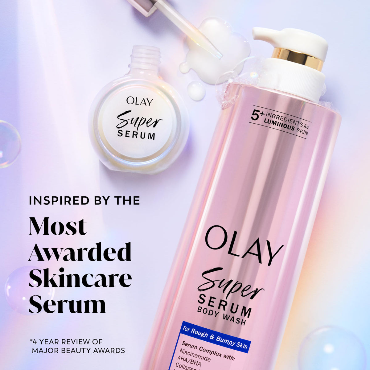 Olay side profile next to a ruler showing 18.5 fl oz scale and travel-friendly size