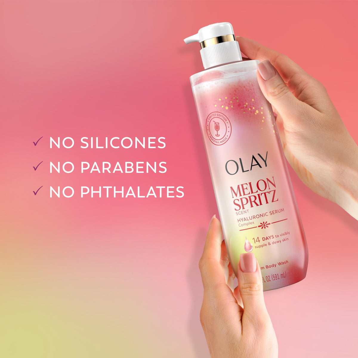 Olay 20 fl oz bottle beside common object for size and value benefit