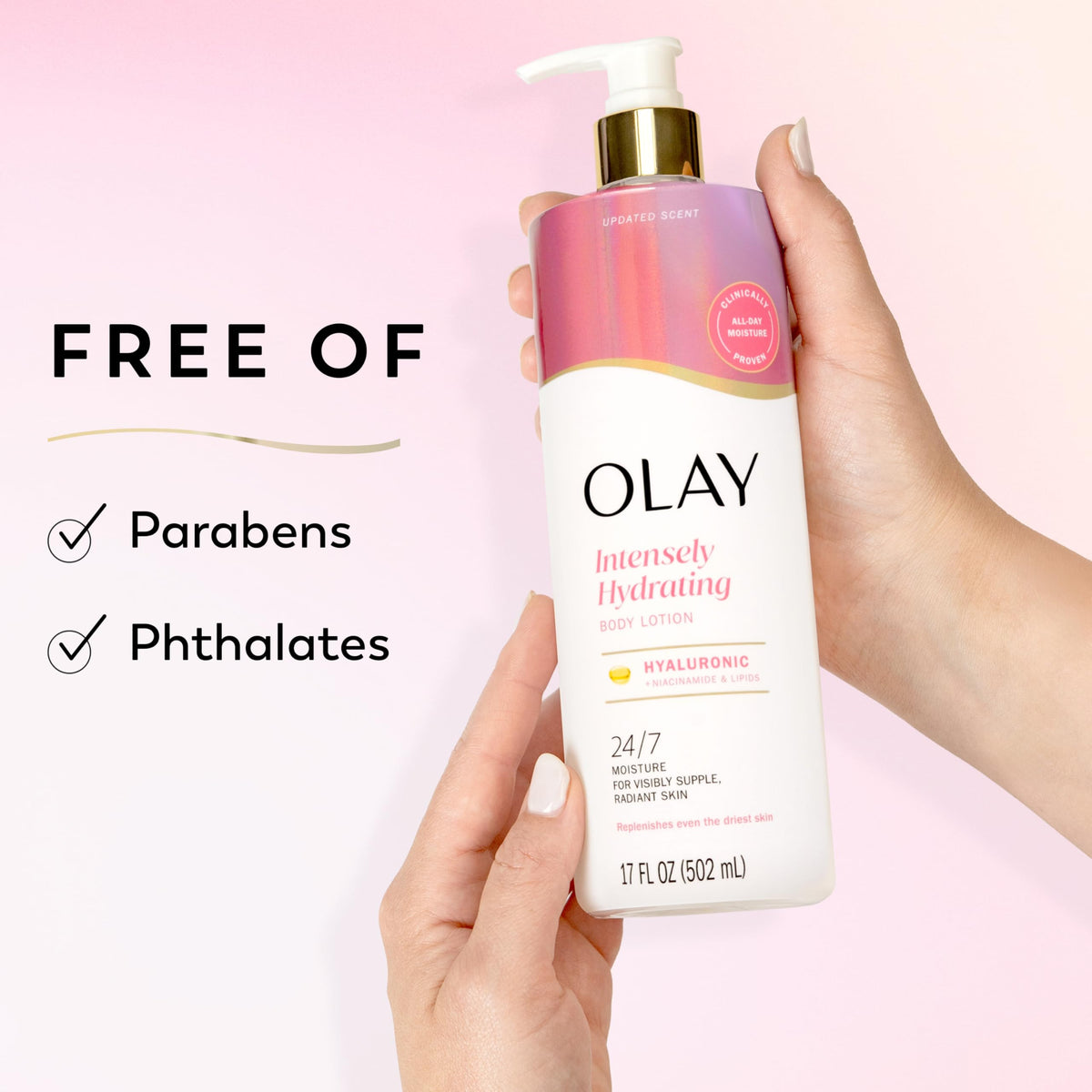 Olay bottle next to hand for size comparison and practical volume
