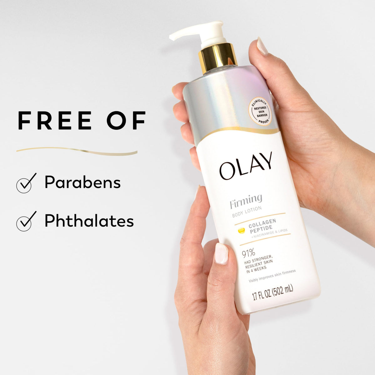 Olay bottle beside hand illustrating 17 fl oz size and travel convenience