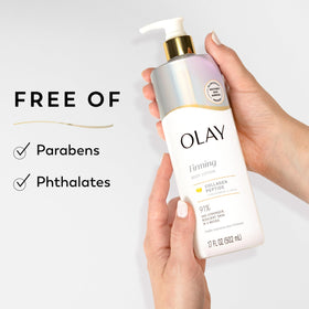 Olay bottle beside hand illustrating 17 fl oz size and travel convenience