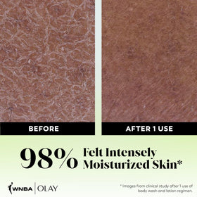 Olay size comparison bottle beside hand showing 20 fl oz travel-friendly benefit