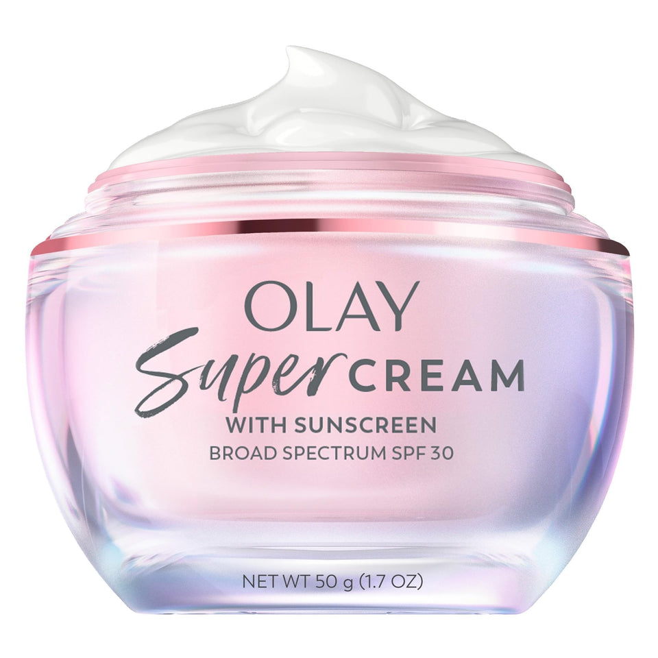 Olay Super Cream front jar showing product branding and compact size benefit