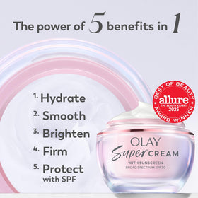 Olay Super Cream texture swatch highlighting lightweight hydrating finish