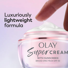 Olay Super Cream used under foundation illustrating primer and smoothing benefit