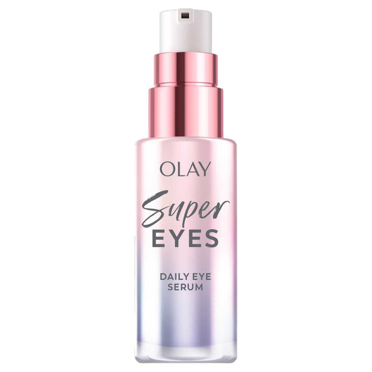 Olay super eye serum front pump bottle showing sleek packaging and easy dispensing