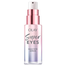 Olay super eye serum front pump bottle showing sleek packaging and easy dispensing