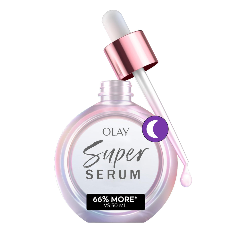 Olay front bottle showing product packaging and easy bedside use benefit