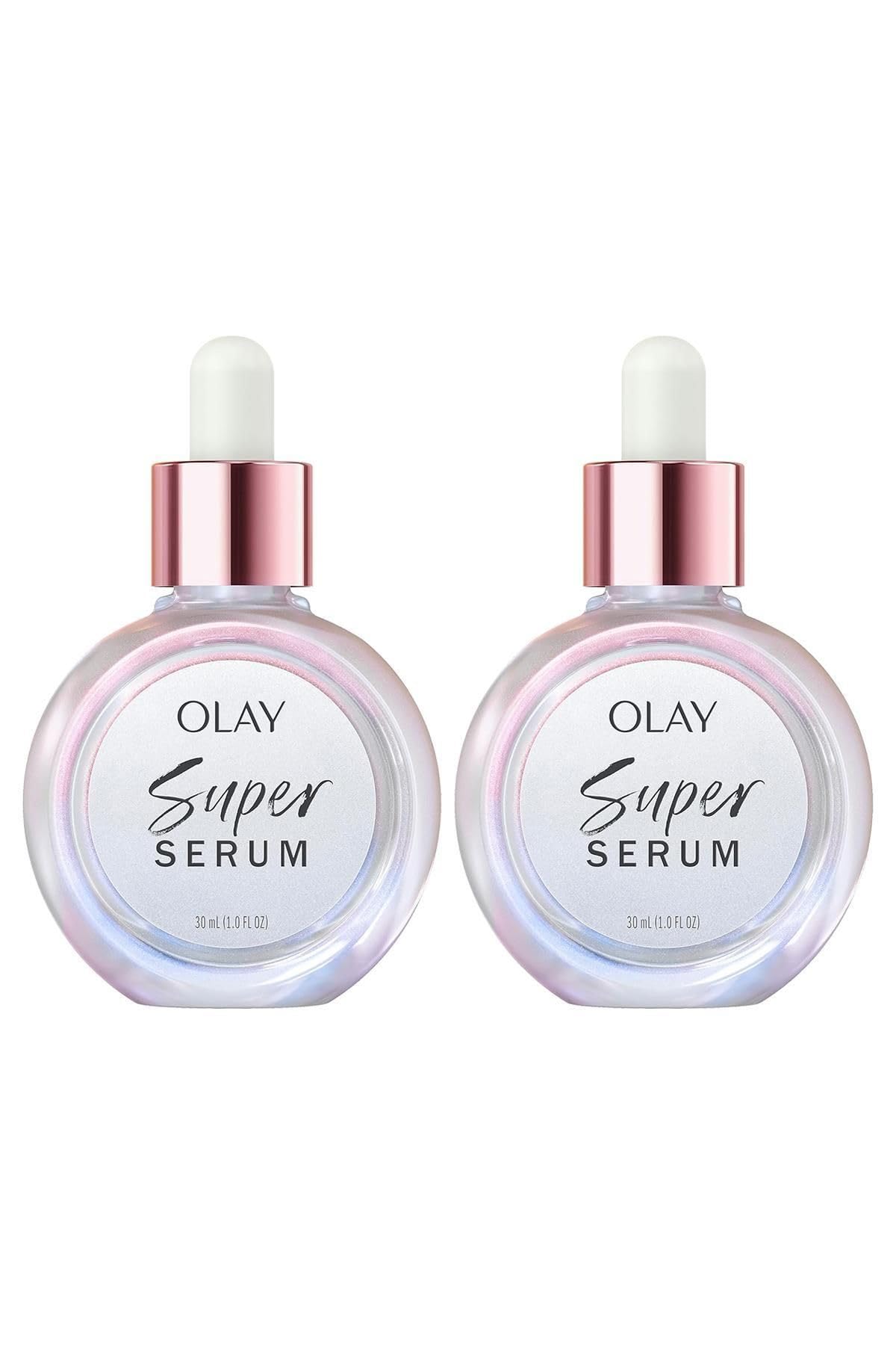Olay Super Serum front packaging showing twin bottles and benefits
