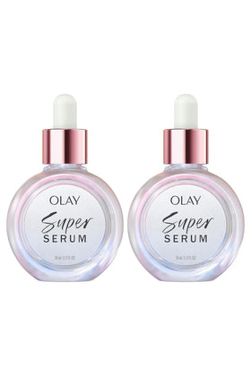 Olay Super Serum front packaging showing twin bottles and benefits