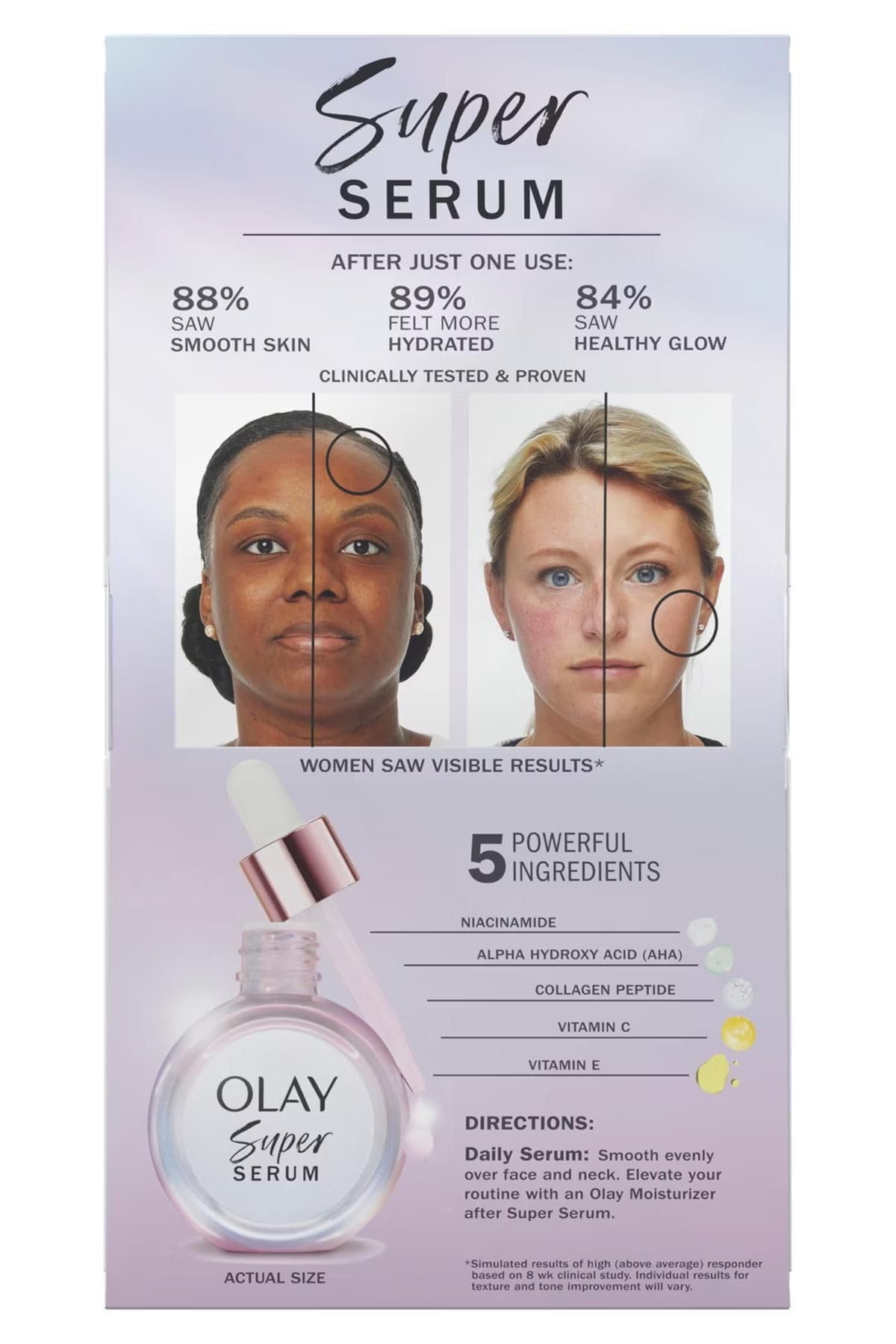 Olay Super Serum bottle held in hand indicating true 1 fl. oz. scale