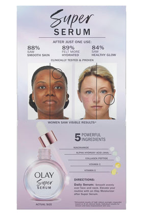 Olay Super Serum bottle held in hand indicating true 1 fl. oz. scale