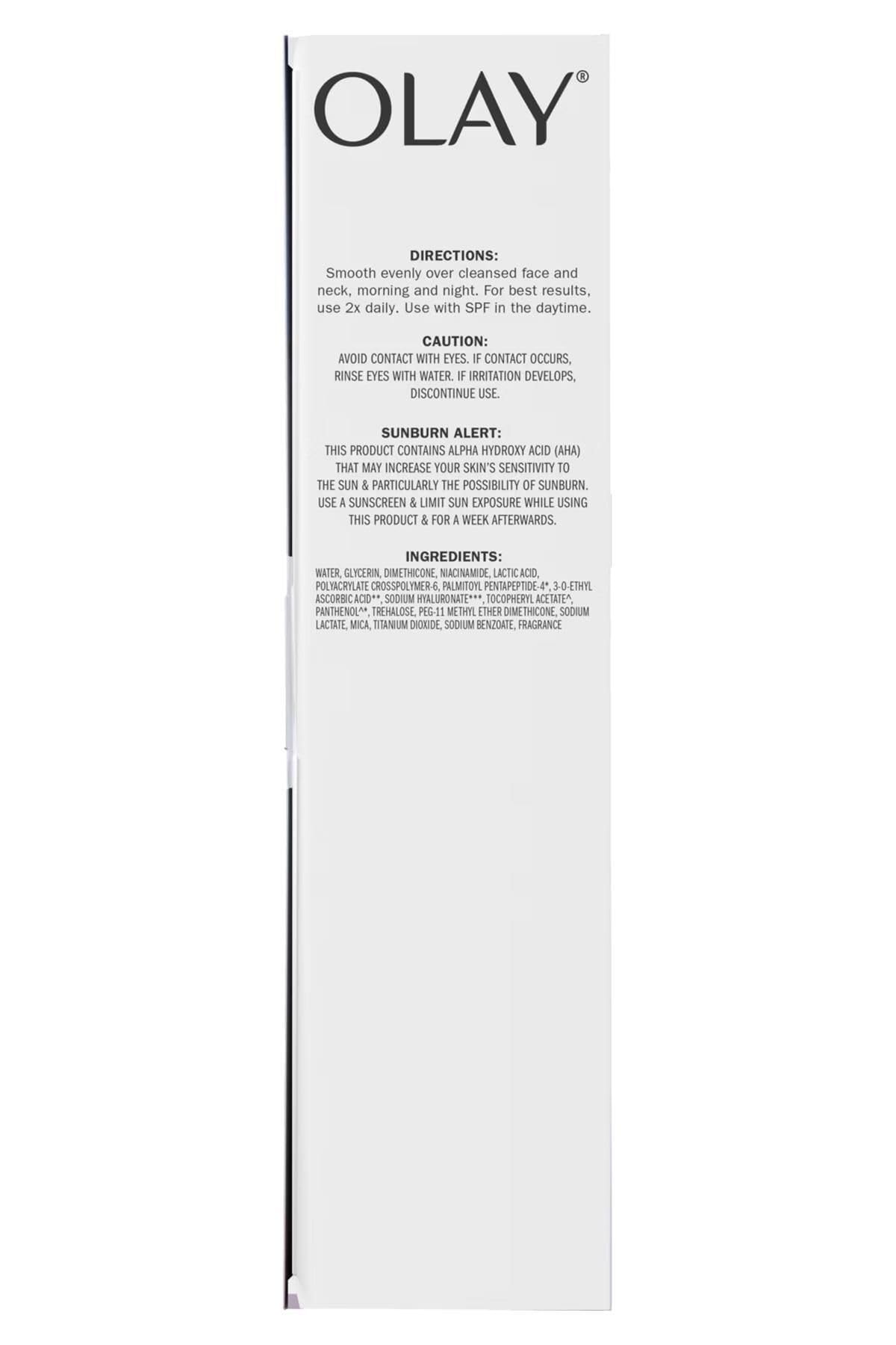 Olay Super Serum ingredient label showing niacinamide, vitamin C and AHA