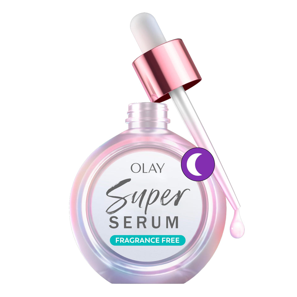 Olay front packaging showing the serum bottle and benefits clearly