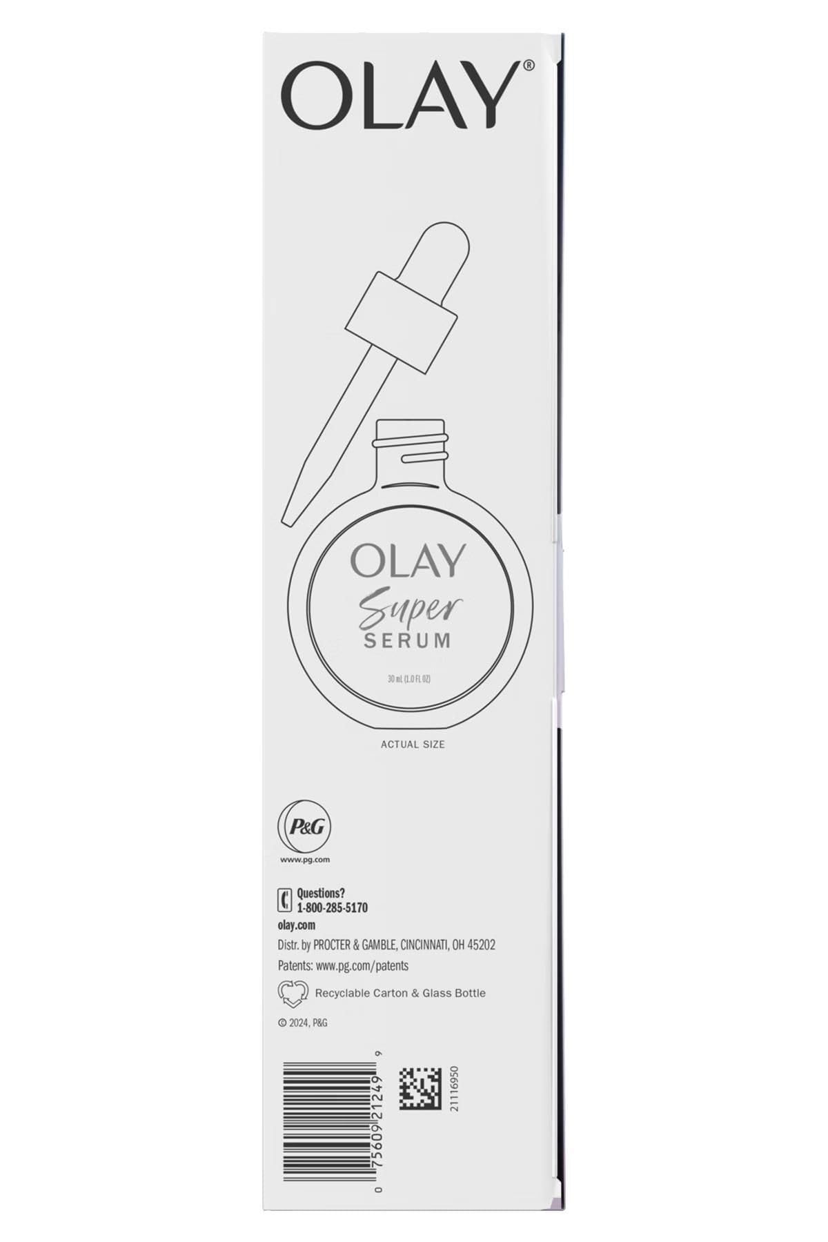 Olay Super Serum texture drop on fingertip highlighting lightweight absorption