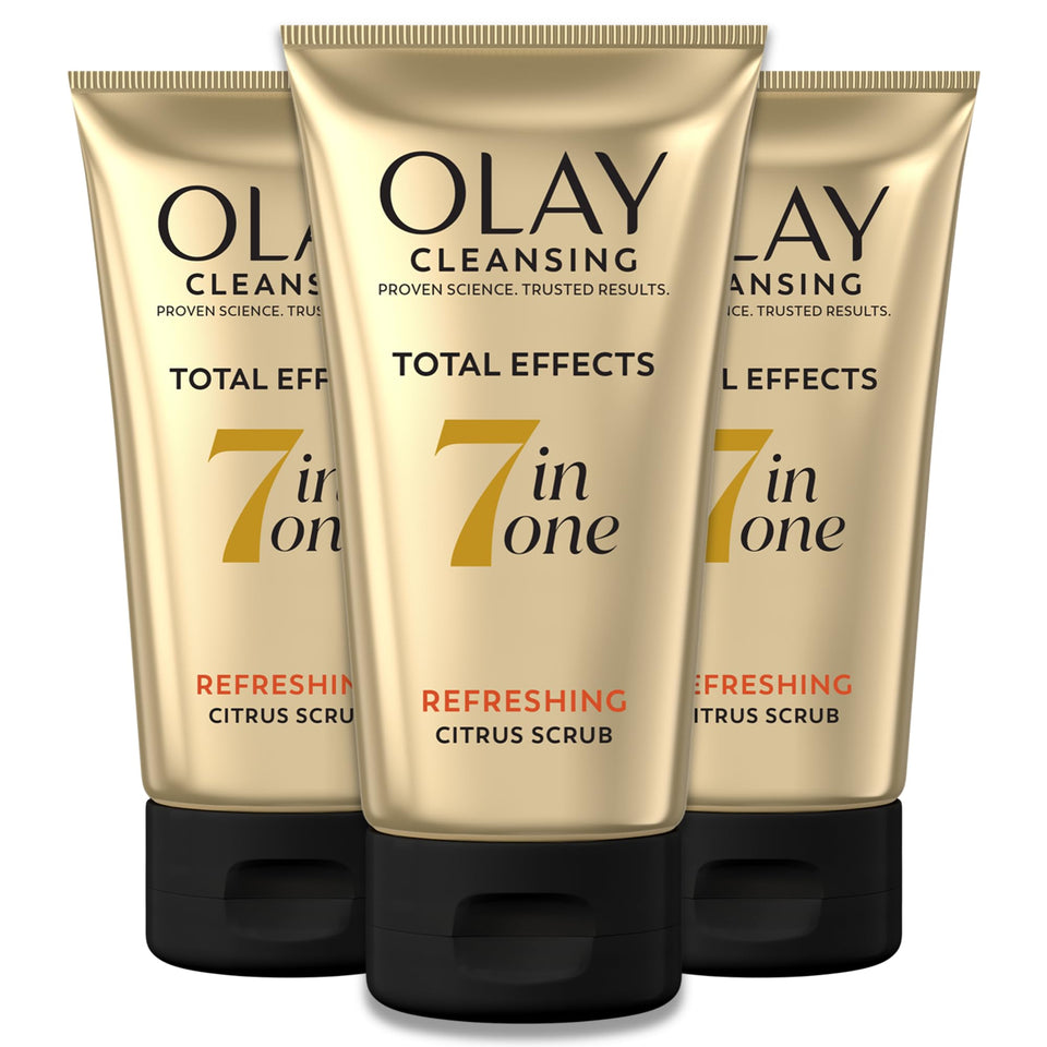 Olay total effects front packaging showing cleanser benefits and citrus scent