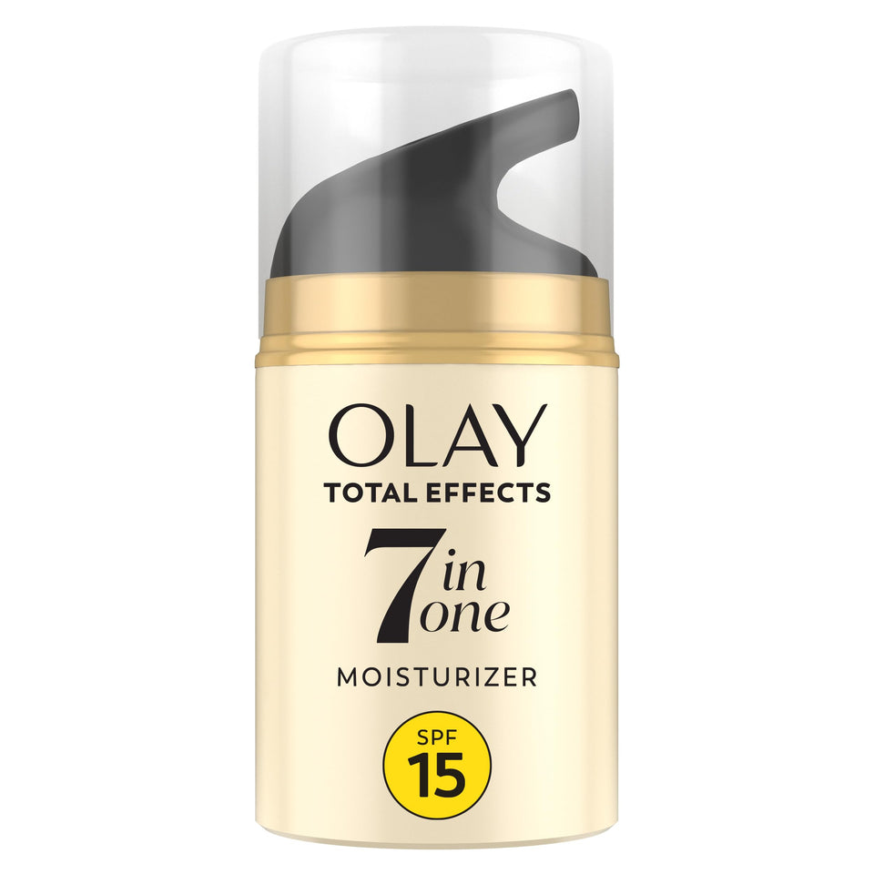 Olay Total Effects front view showing compact 1.7 oz packaging and SPF benefit