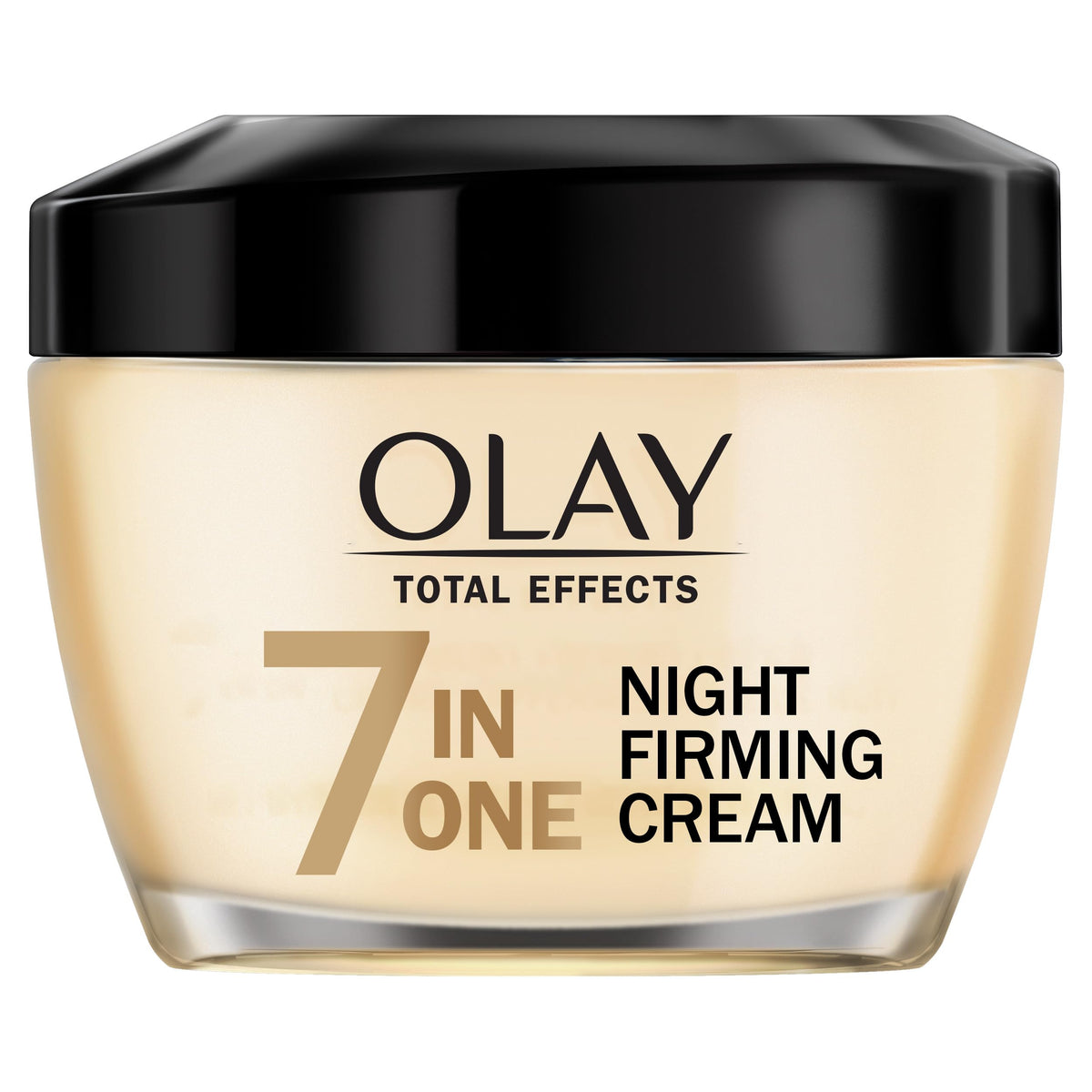 Olay Total Effects front jar showing compact nighttime moisturizer packaging and benefit