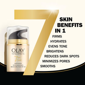 Close-up of Olay Total Effects dispenser highlighting easy-use packaging benefit