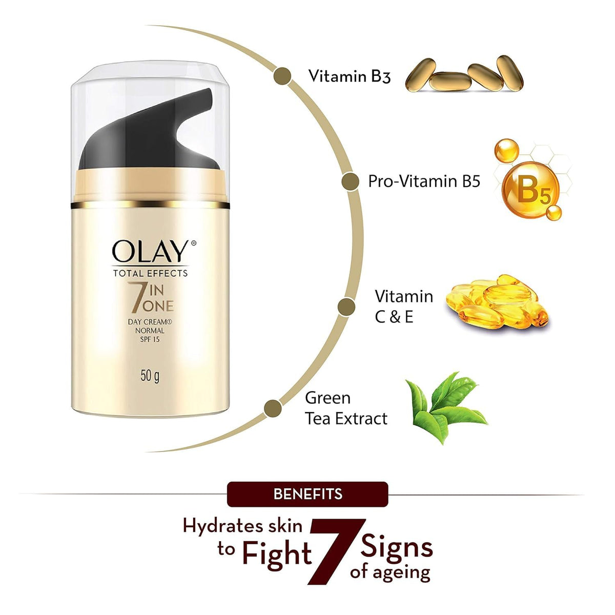 Olay beside a coin for scale showing 50g size and travel-friendly benefit