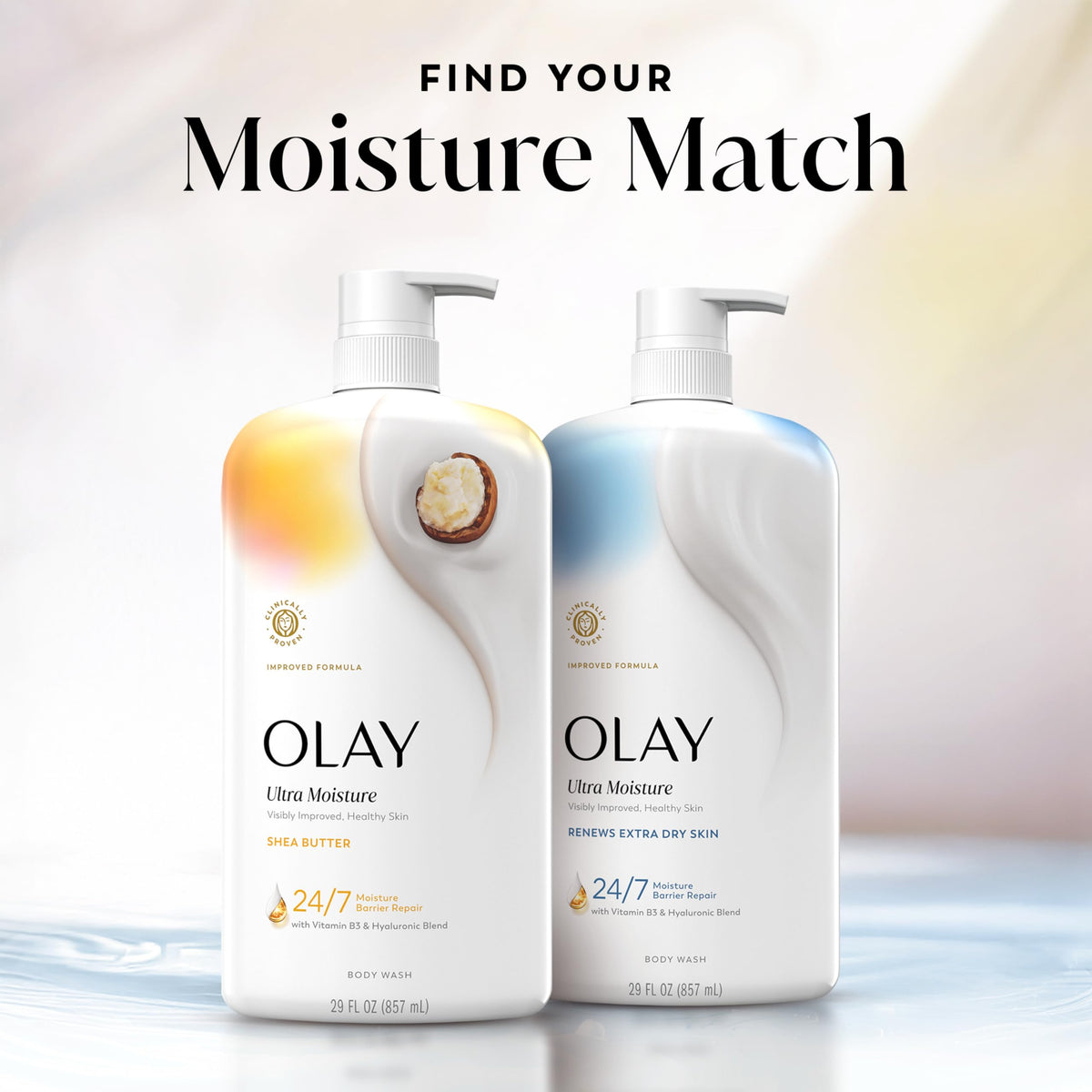 Olay body wash paired with Olay lotion suggesting follow-up hydration routine