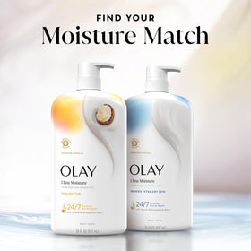 Olay body wash paired with Olay lotion suggesting follow-up hydration routine