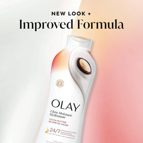 Cocoa butter visual beside Olay bottle indicating warm scent and comfort