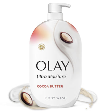 Olay front bottle showing product name and cocoa butter scent for moisturizing benefits