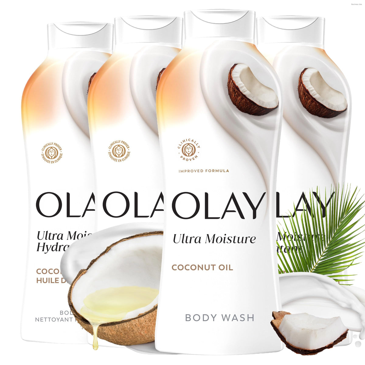 Olay front packaging showing bottle and coconut scent for visible hydration