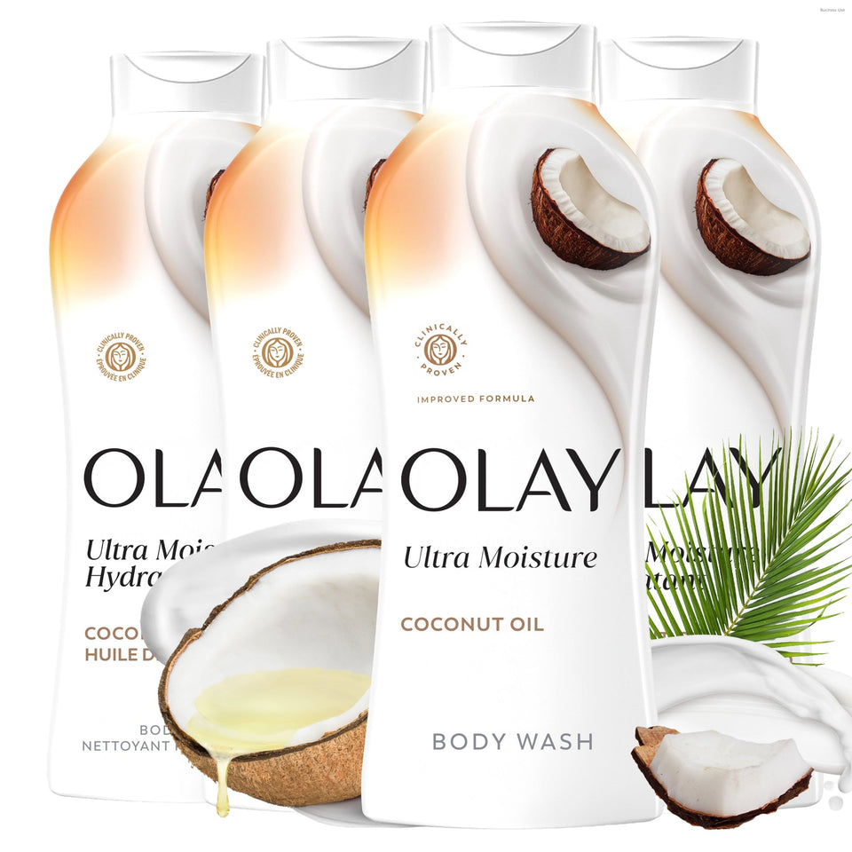Olay front packaging showing bottle and coconut scent for visible hydration