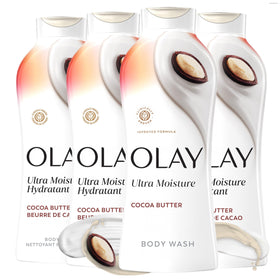Olay bottle front packaging showing product name and cocoa butter scent benefit