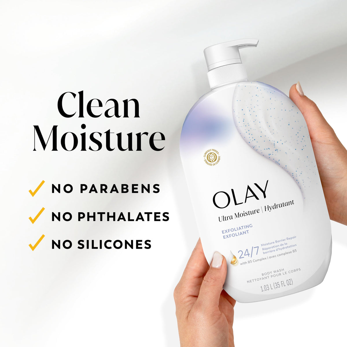 Olay bottle in a shower scene conveying daily cleansing routine benefit