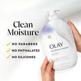 Olay bottle in a shower scene conveying daily cleansing routine benefit