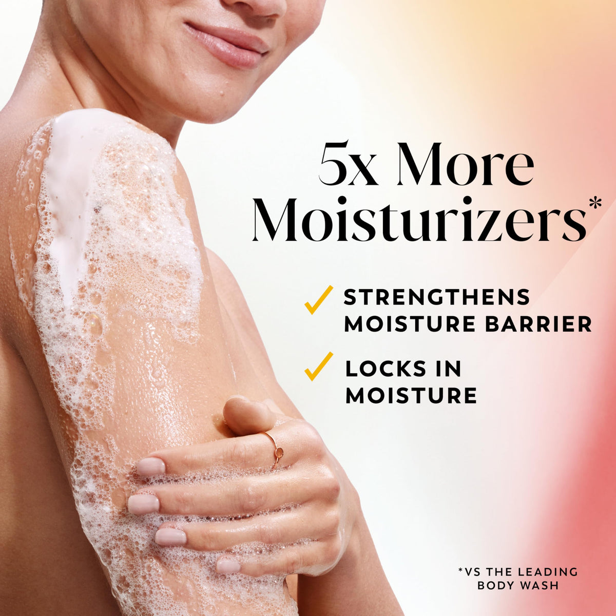 Olay pump dispensing body wash, highlighting easy one-handed use and control