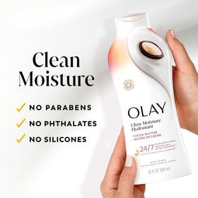 Olay body wash on shower shelf in a modern bathroom for daily use appeal